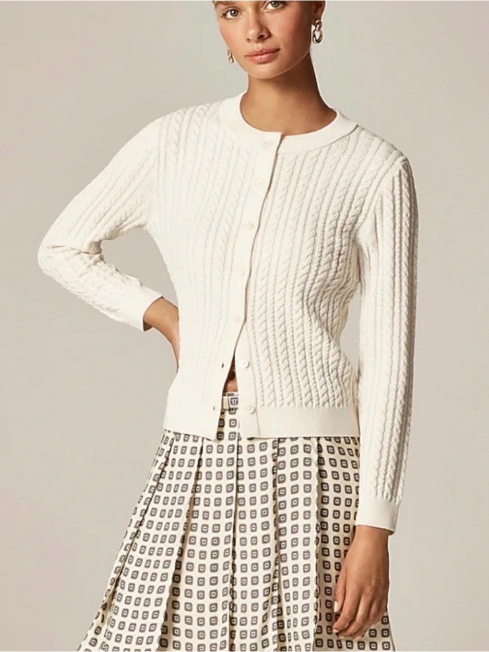 NWT$128 J. Crew Cable Knit Crewneck Cardigan, Merino Wool, Ivory Lace, S, Small